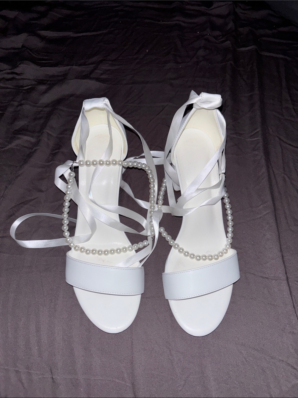 Pearl-Embellished White Satin Ankle-Tie Heels